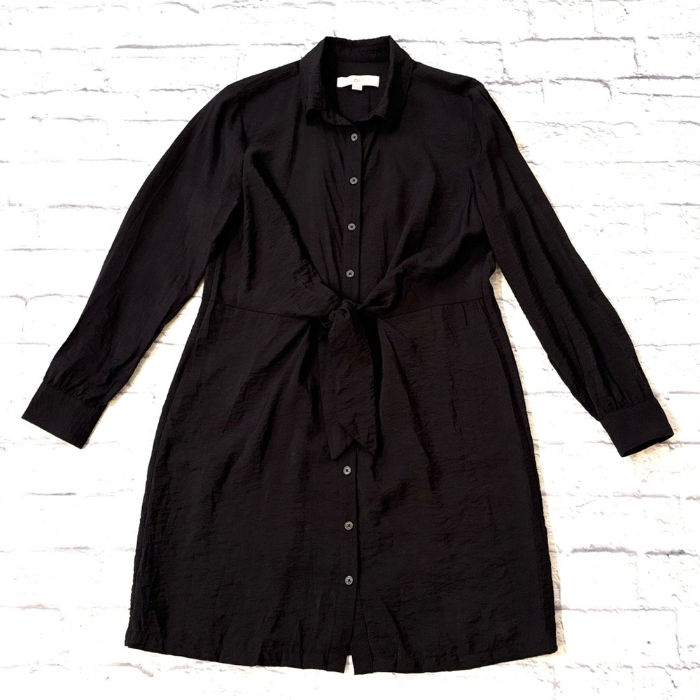 LOFT Black Button Front Shirt Dress with Tie Front Detail Long Sleeves Size 8